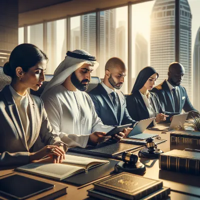 Photorealistic image of diverse legal team in a modern UAE office discussing extradition case with legal books and digital documents, sunlit, ultra high-quality