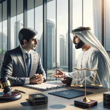 Photorealistic legal consultation in UAE, expert advising client, modern office background