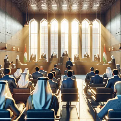 Ultra high-quality photorealistic image of a modern UAE courtroom during an extradition hearing, sunlight streaming, judges and attorneys present