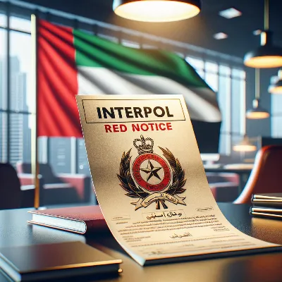 Ultra high-quality photorealistic closeup of an Interpol Red Notice document, UAE flag in background, modern office lighting