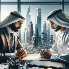 Ultra high-quality photorealistic photo of a legal expert meeting with a client, both reviewing documents, UAE cityscape visible through office window